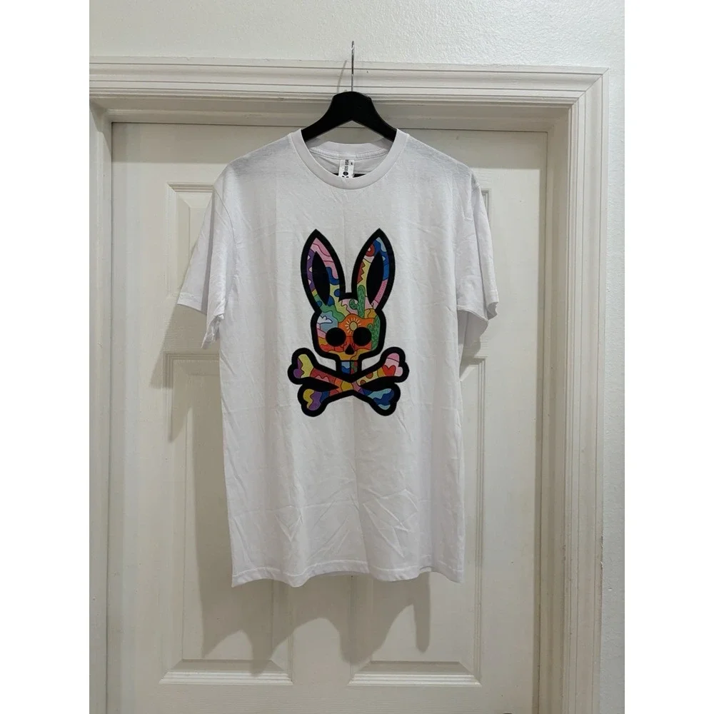 Psycho Bunny Men's Medium White Graphic Skull Bunny T-Shirt Crew Neck - Picture 1 of 6